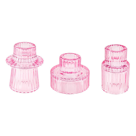 Double Sided Vintage Ribbed Taper Glass Candle Holders,Tea Candle Holder for Table Centerpieces, Wedding Decorations and Dinner Parties (Pink, 3 PCS)