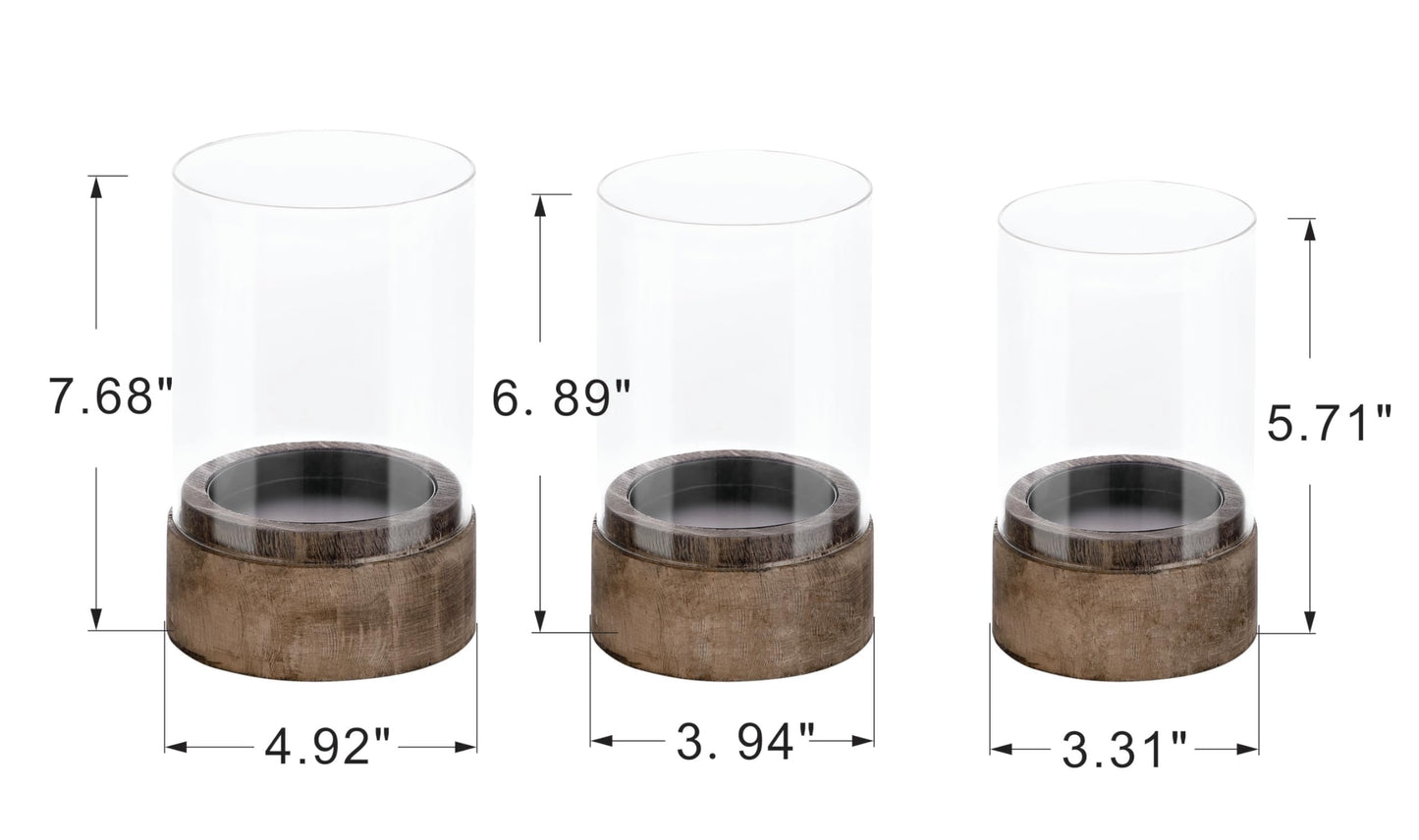 Set of 3 Glass Hurricane Candle Holders for Pillars with Vintage Natural Solid Wooden Bases, Farmhouse Candle Holder, Candle Stand, Candlestick Holders, Centerpiece for Home, Table, Wedding