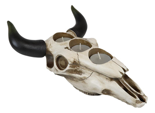 Ebros Western Native American Steer Bull Cow Skull Decorative 3 Tea Light Votive Candle Holders Decorative Desktop Figurine Rustic Bulls Cows Skulls Animal Themed Candleholders