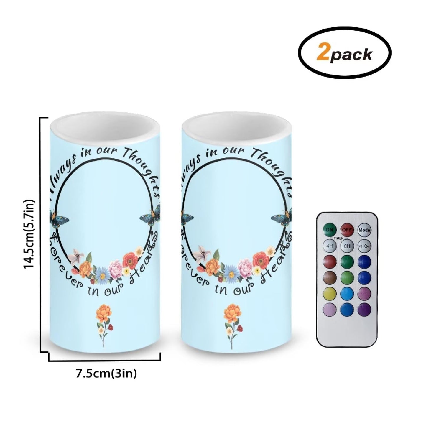 Luarisgur Personalized LED Memorial Candle for Loss of Loved One 2 Pack 6 x 3 inch Flameless Candles Blue Battery Operated Candles with Multicolor Timer Remote Control Flameless LED Fake Candles
