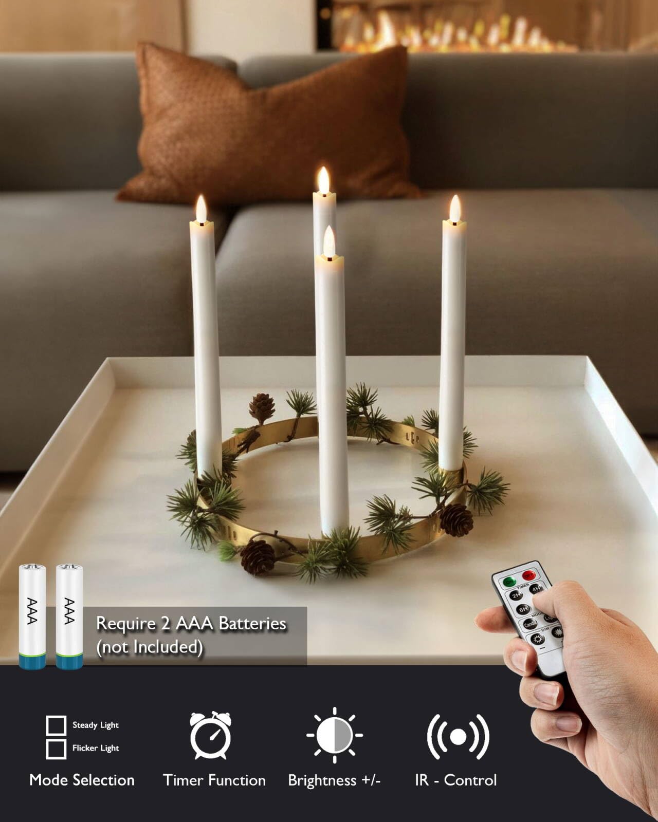 Homemory Real Waxy Flameless Taper Candles with Remote Timer, LED Candlesticks Flickering, Battery Operated Candles with Holders, 9.6 Inches for Home Christmas Wedding Celebration Decor, White, 6 Pcs