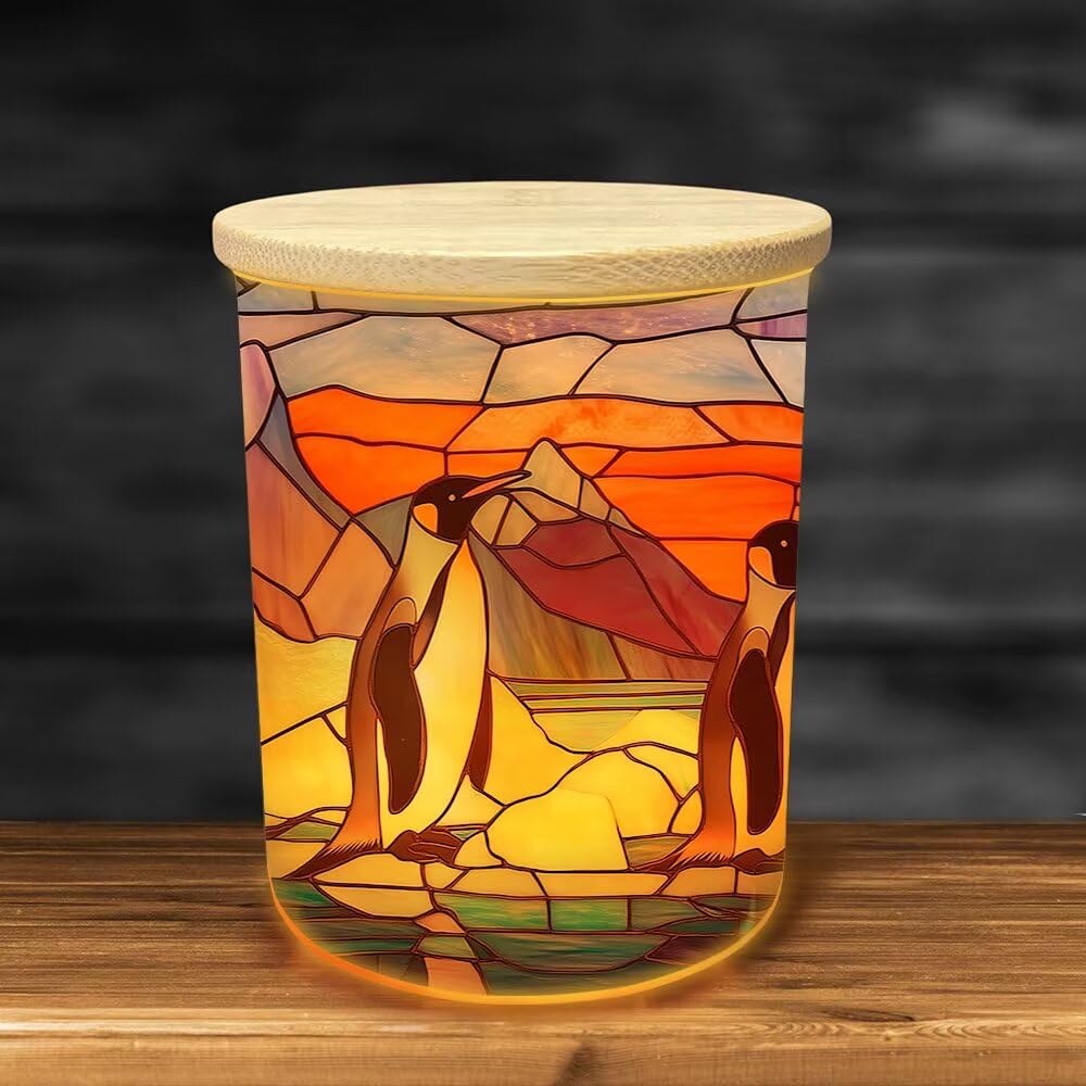 Stained Glass Penguin Tea Light Candle Holders, Arctic Scene Tealight Candle Holder Jar with Wooden Lid, Votive Candlesticks for Table Centerpieces, Christmas,Birthday Party,Home Decor