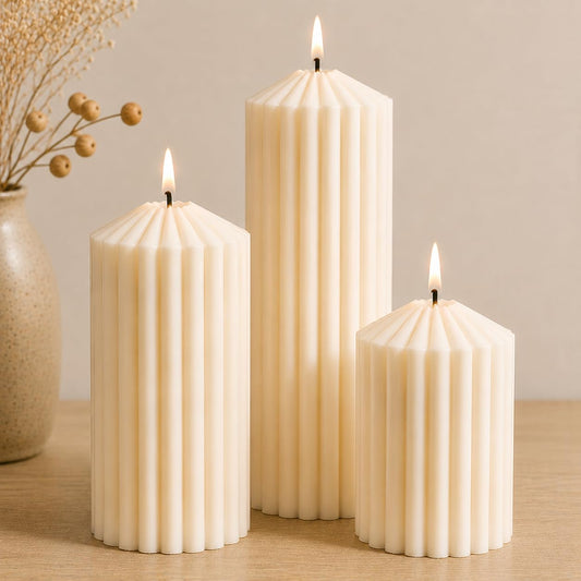 3 Pack Cream White Ribbed Pillar Candles-Natural Soy Wax Unscented,Non-Toxic,Smokeless Large Candle-2.8" x4,6,8 Inch Aesthetic Modern Candles for Home Decor,Dinner Table,Living Room,Housewarming Gift