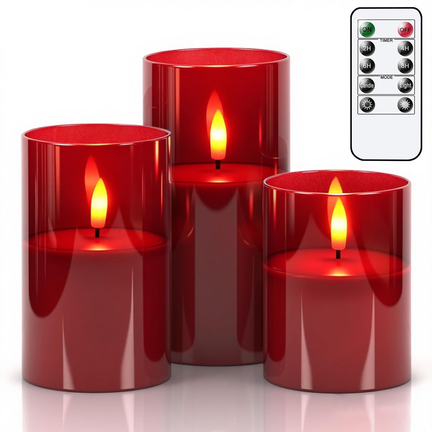 GenSwin Glass Flameless Candles with Remote Battery Operated Flickering LED Pillar Candles Real Wax 3D Wick for Wedding Festival Home Decoration(Red,Pack of 3)