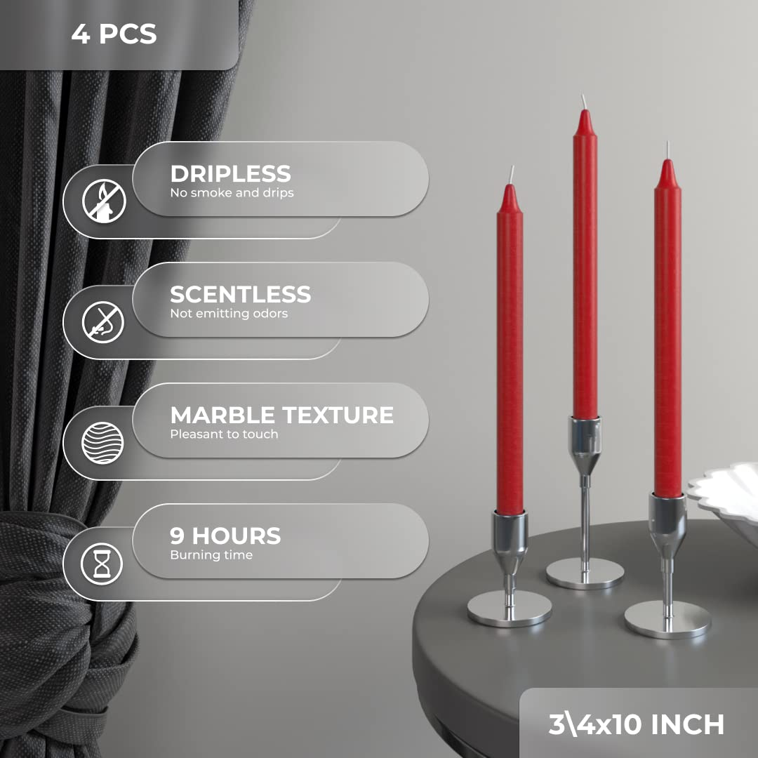 CANDWAX Red Taper Candles Pack of 4 - Slow Burning Dripless Unscented Straight Candles 10 inch - Ideal for Dinner Table - Smokeless Long Candlesticks