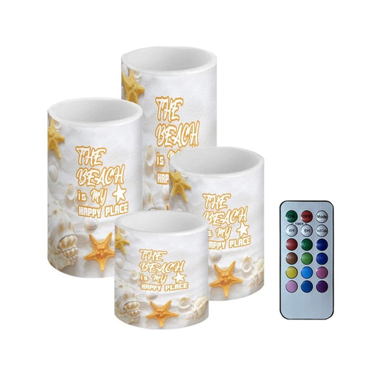 Cozeyat 4 Packs LED Candles Battery Operated,Beach Starfish Pattern Flickering Candles Color Changing,Warm Yellow Flameless LED Tealights,Plastic Ivory Real Wax Pillar for Home Decoration