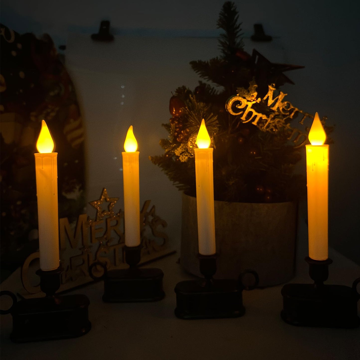 4 Pcs Christmas Window Candles with LED Electric Candles Flickering Lights, 10 Inch Battery Operated Candle with Sensor Dusk to Dawn for Table Party Christmas Decoration,Bronze Base