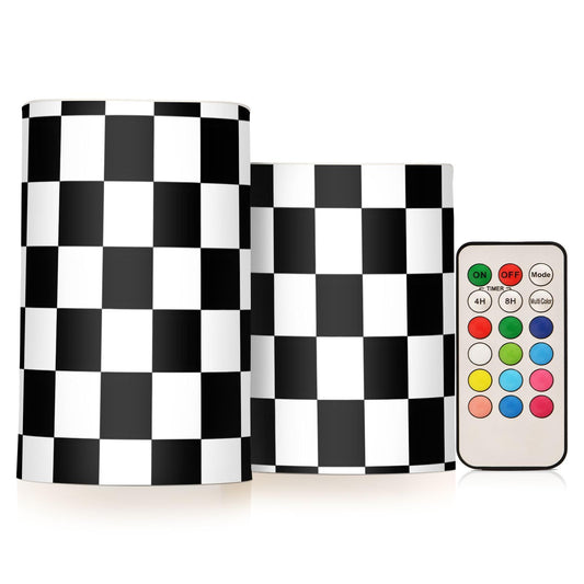 ALAZA Black White Checkered Flameless Candles Flickering LED Candles with Remote Timer Battery Operated Pillar Candles Set of 2 for Dinner Holiday Decor
