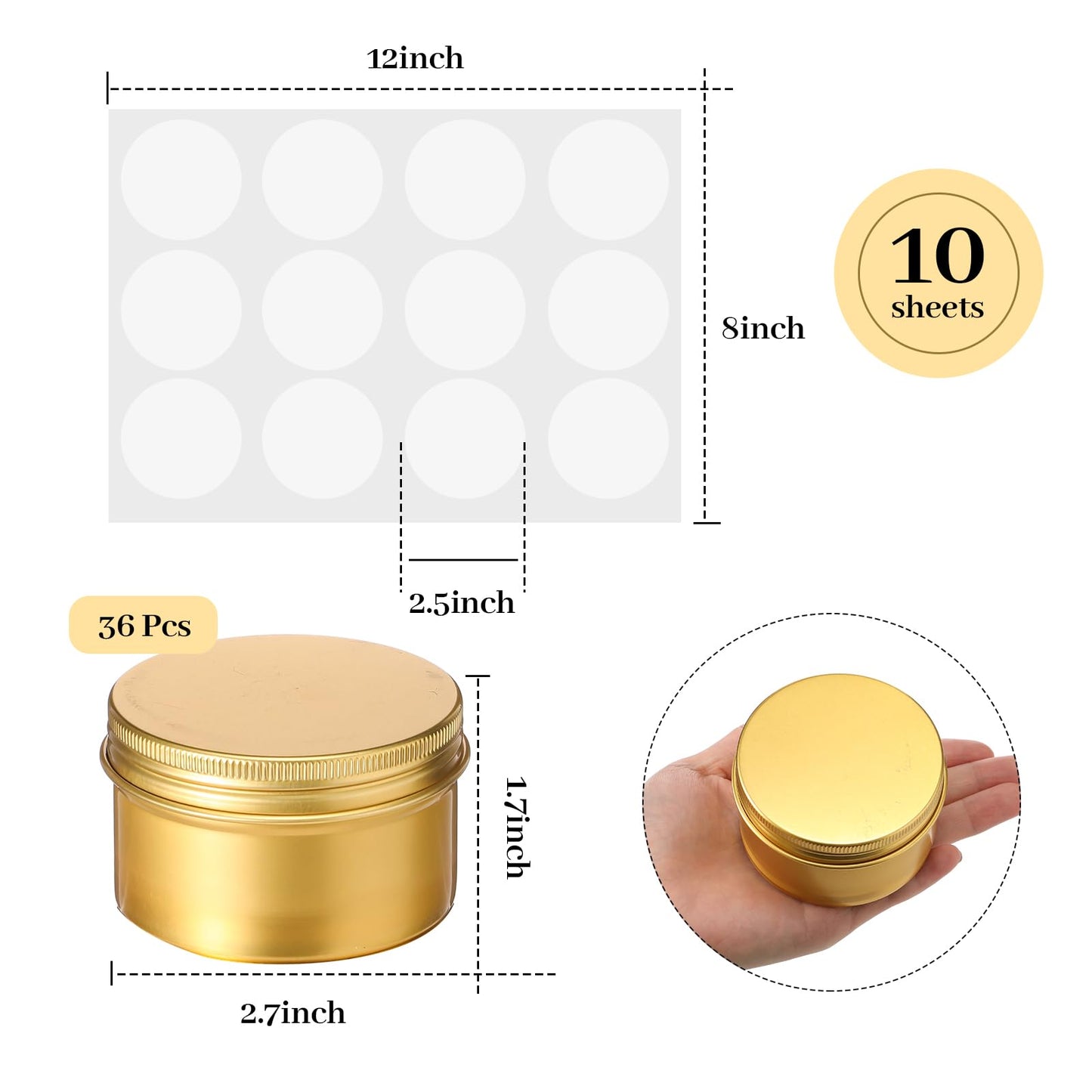 Patelai 36 Pcs 4 oz Metal Round Tins Aluminum Tin Cans Salve Tins Containers with Screw Lid 10 Sheets Stickers for Salve Spice Candies Balms Candles(Gold)