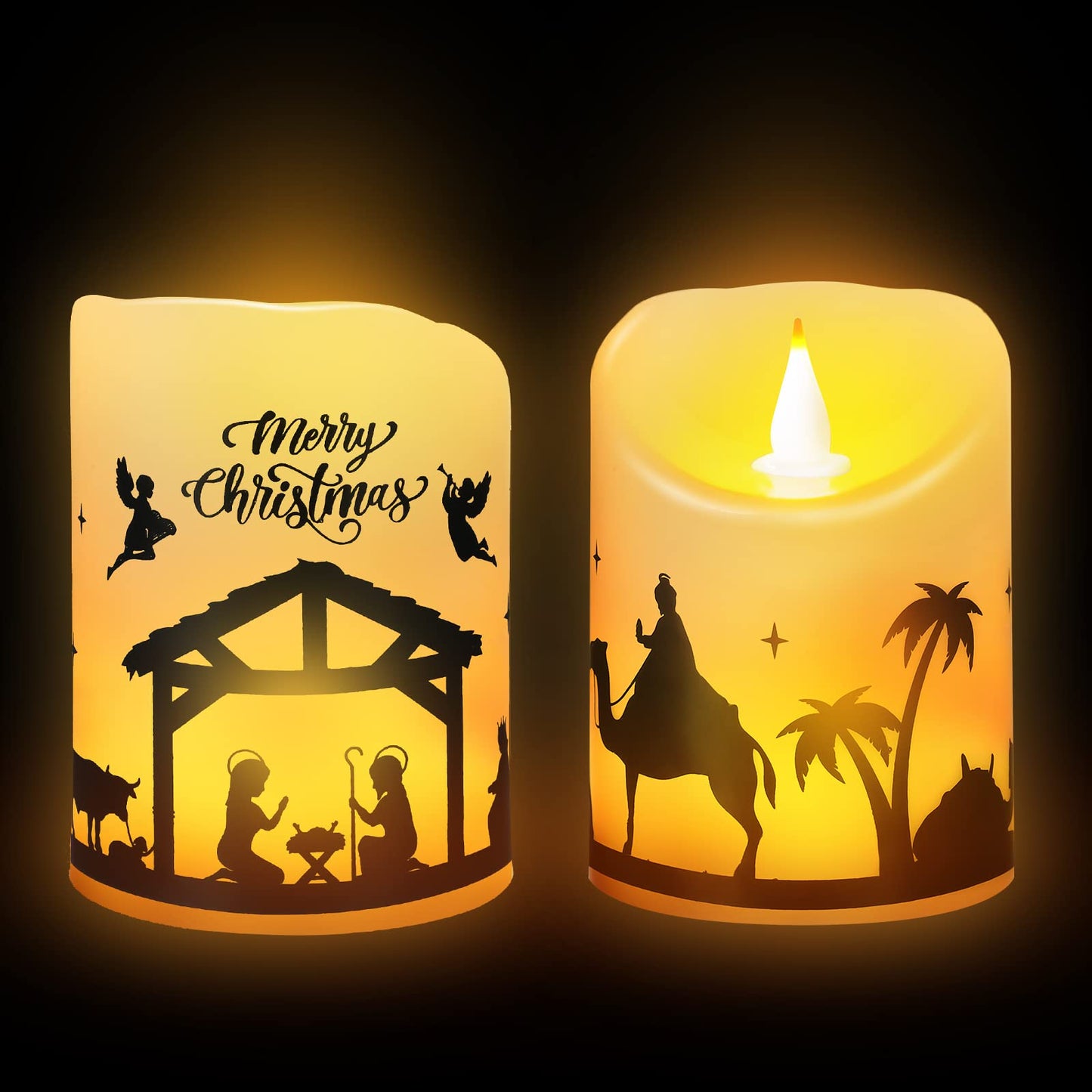 Treela 2 Pieces Christmas Flameless LED Candles with 8h Timer, Battery Operated Plastic Pillar Rustic Candles Warm Light with Decals for Adventure Table Home Decor, D3 x H6 (Nativity)