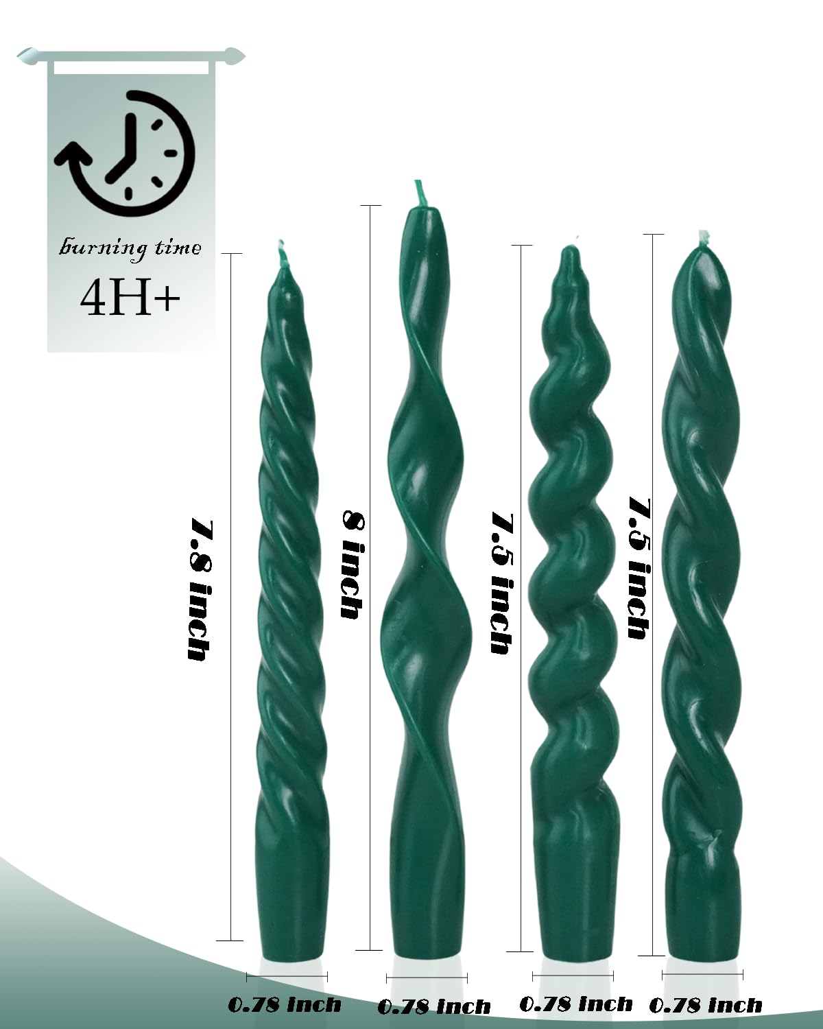 Spiral Taper Candles Green Short Candle Sticks Unscented Smokeless Twisted Candlesticks for Holiday Dinner Party Christmas Decorations-7.5inch-4pack