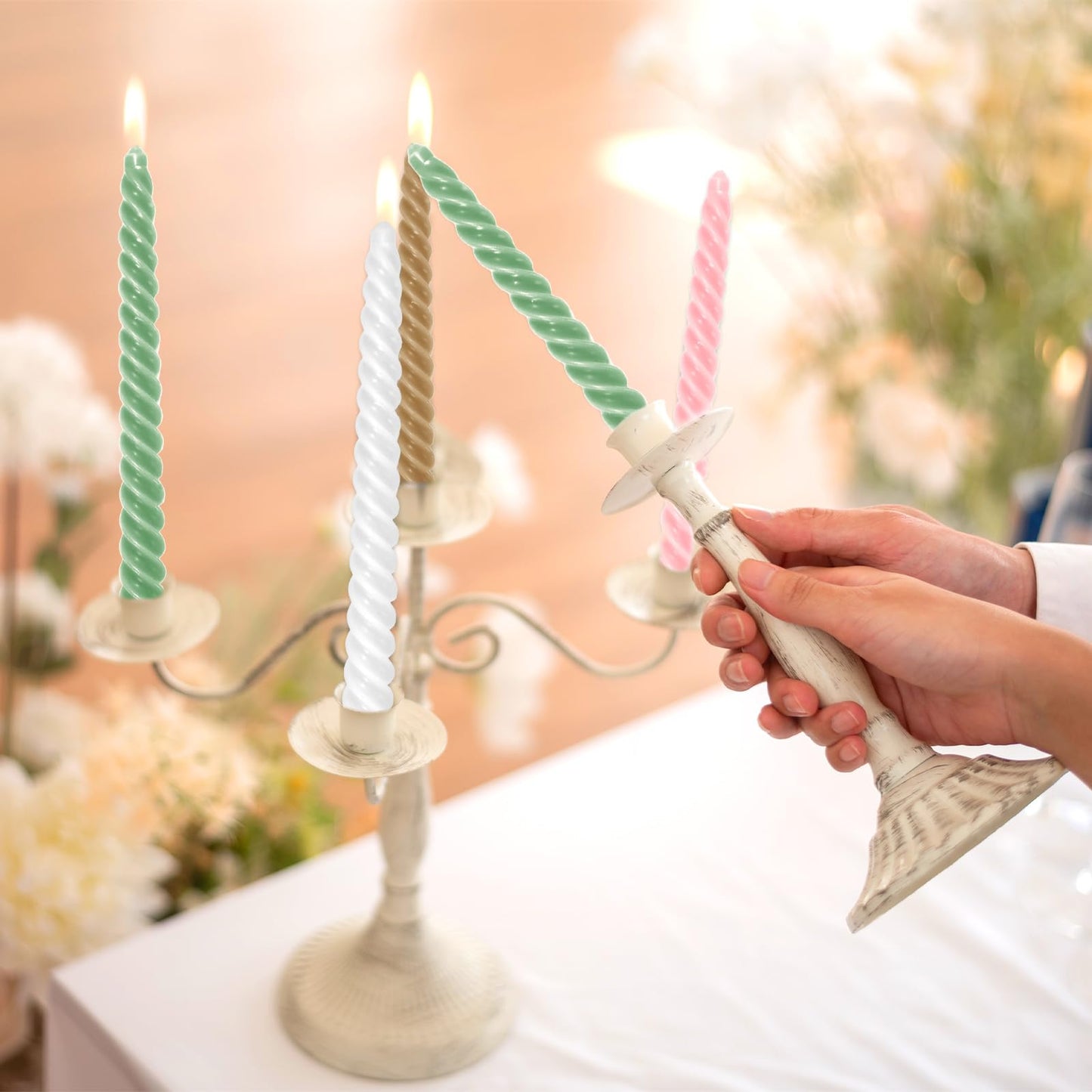 Whaline 8Pcs 10 Inch Christmas Pink and Green Spiral Taper Candles Dripless Twisted Wax Candles Long Unscented Candle Sticks for Home Party Dining Table Decor (Pink, Green, White, Gold)