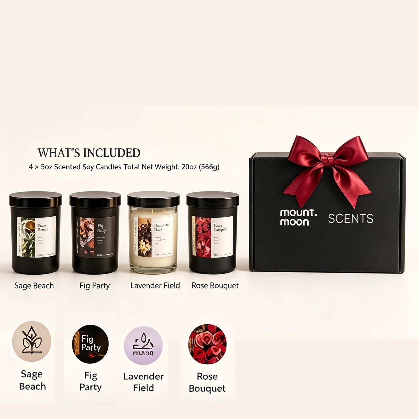 4-Pack Soy Candle Gift Set, Natural Aromatherapy Candles - Sea Salt Sage, Fig Fir, Lavender Eucalyptus, Velvet Rose, 5oz Each 150 Hour, Aromatherapy Candle Gift Set for Home, Relaxation & Spa
