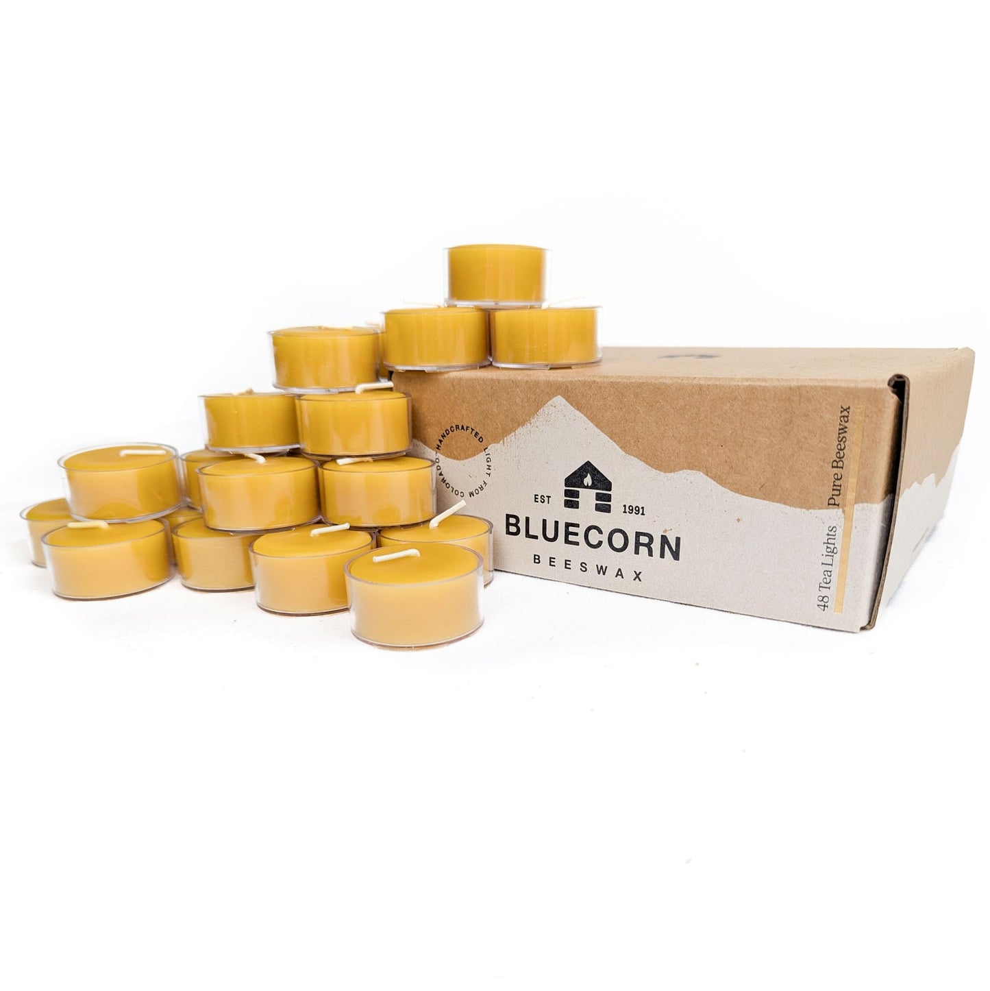 Bluecorn Beeswax Tea Light Candles, 100% Pure Natural Bees Wax, Yellow Tea Lights, Fragrance Free, Paraffin & Soy Free Candle Wax, Clean Burning, Long Lasting (4-5 Hrs), American Made, 48 Pack
