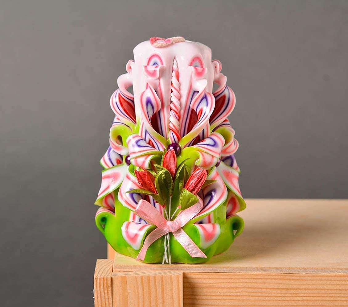 Handmade Carved Candle - Surprise Gift for Her - Decor Birthday Halloween Thanksgiving Christmas - Spiritual Living Room Home Decor Candles - Unique Engagement Wedding Idea - Pink Green - Ordagio