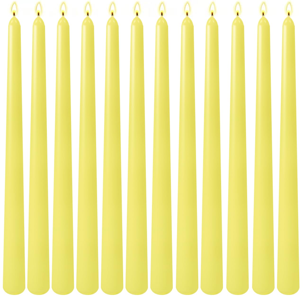 12-Pack Yellow Taper Candles, 10 Inch Unscented Dripless Candlesticks, Long-Lasting Burn Time of 7-8 Hours, Perfect for Home Décor, Weddings, and Events