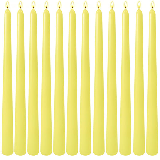 12-Pack Yellow Taper Candles, 10 Inch Unscented Dripless Candlesticks, Long-Lasting Burn Time of 7-8 Hours, Perfect for Home Décor, Weddings, and Events