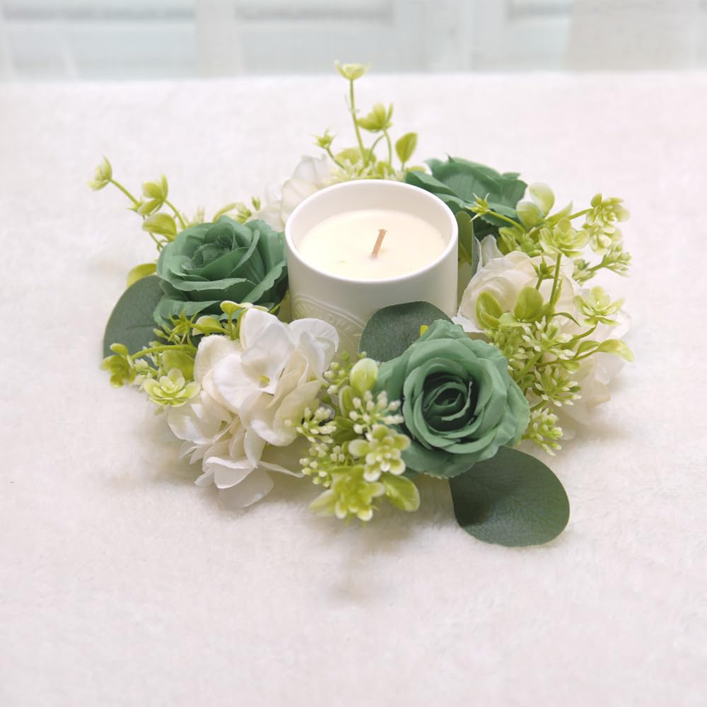 4 Pcs Candle Rings Wreaths,Artificial Hydrangea Wreath Candles Wreaths for Pillars Christmas Wedding Home Table Party Decoration (Green)