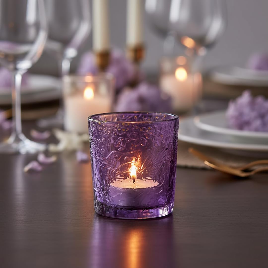 6 Pack Hummingbird Embossed Glass Candle Holders Votive Tealight Holders with Patent Design, Decorative Cups for Wedding Centerpieces, Parties, and Home Decor (Ocean Blue)