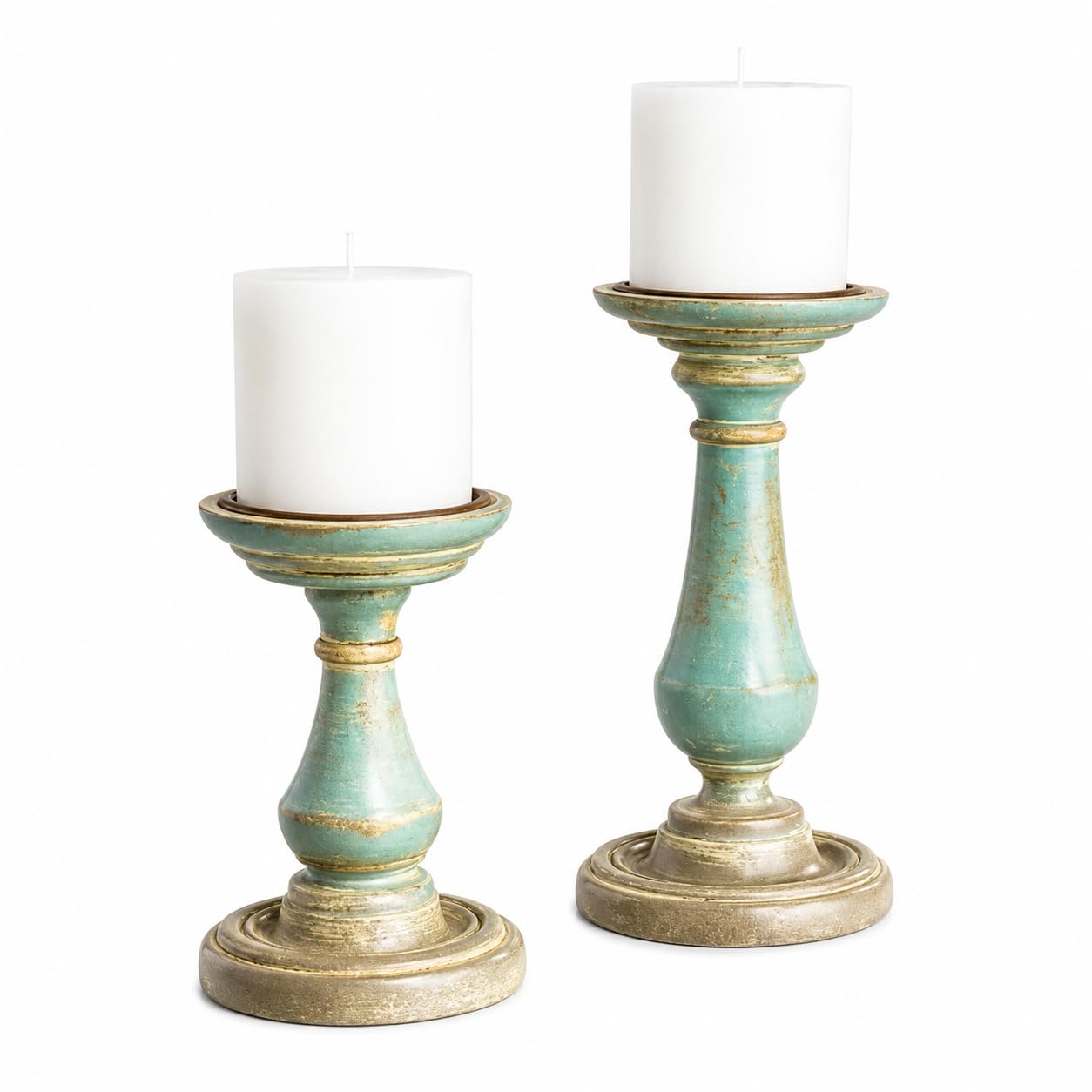 Centerpiece, Pillar Candle Holders Set of 2, Wood, Rustic Pillar Candle Holder, Farmhouse Candle Holders Fireplace Antique Green