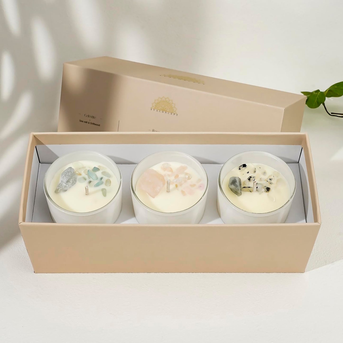 AvaConcept Healing Crystal Candle Gift Set – Set of 3 Celestite, Rose Quartz & Moonstone Hand-Poured Soy Wax Sea Salt Driftwood, Blackcurrant Rose & Amber Noir Aromatherapy Scents Premium Gift Box