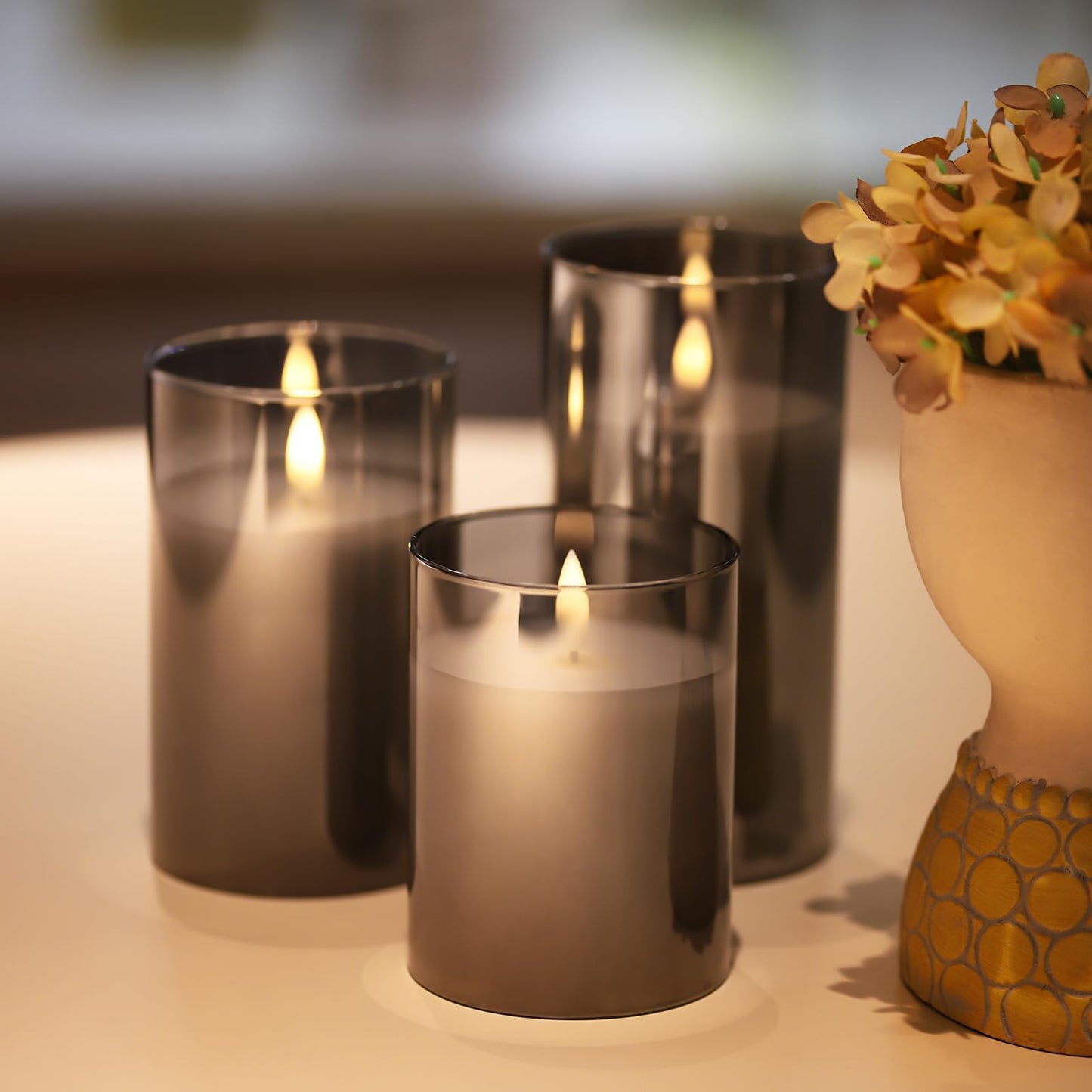 Mingfuxin Flameless Candles, Battery Operated Candles LED Pillar Glass Candles with Remote 10-Key Control and Timers for Indoor Party, Wedding,Tabletop Halloween Decorations, H 4" 5" 6", Set of 3