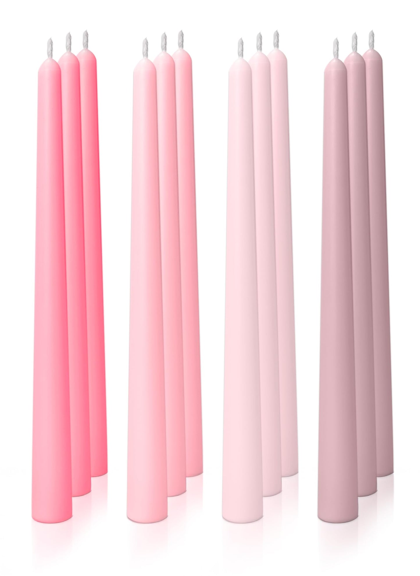 Homeology 12pk 10" Classic Taper Candles, Muted Pink Shades, 7-8 Hours Long Burning, Unscented Tall Candlesticks