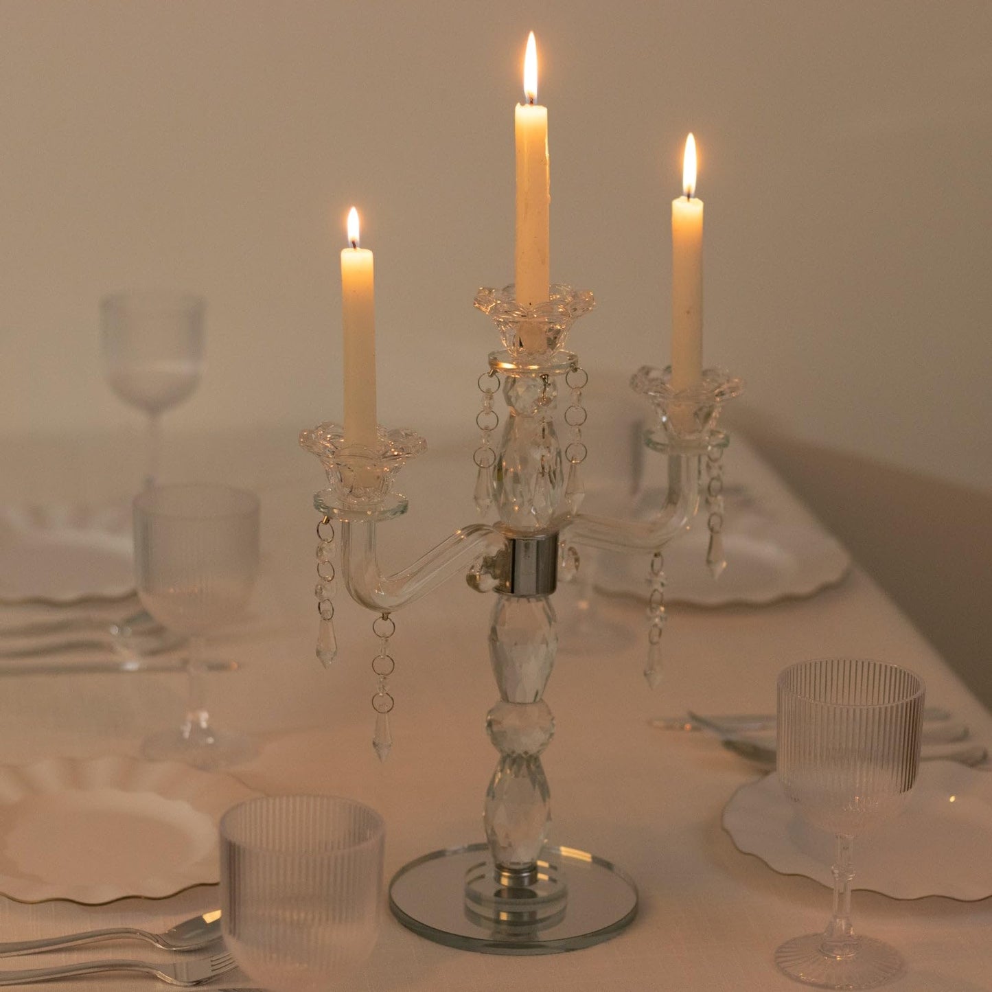 Efavormart Crystal 3-Arm Candelabra Taper Candle Holder with Hanging Prisms & Round Mirror Base – Faceted Cut Glass Design - 14" Tall