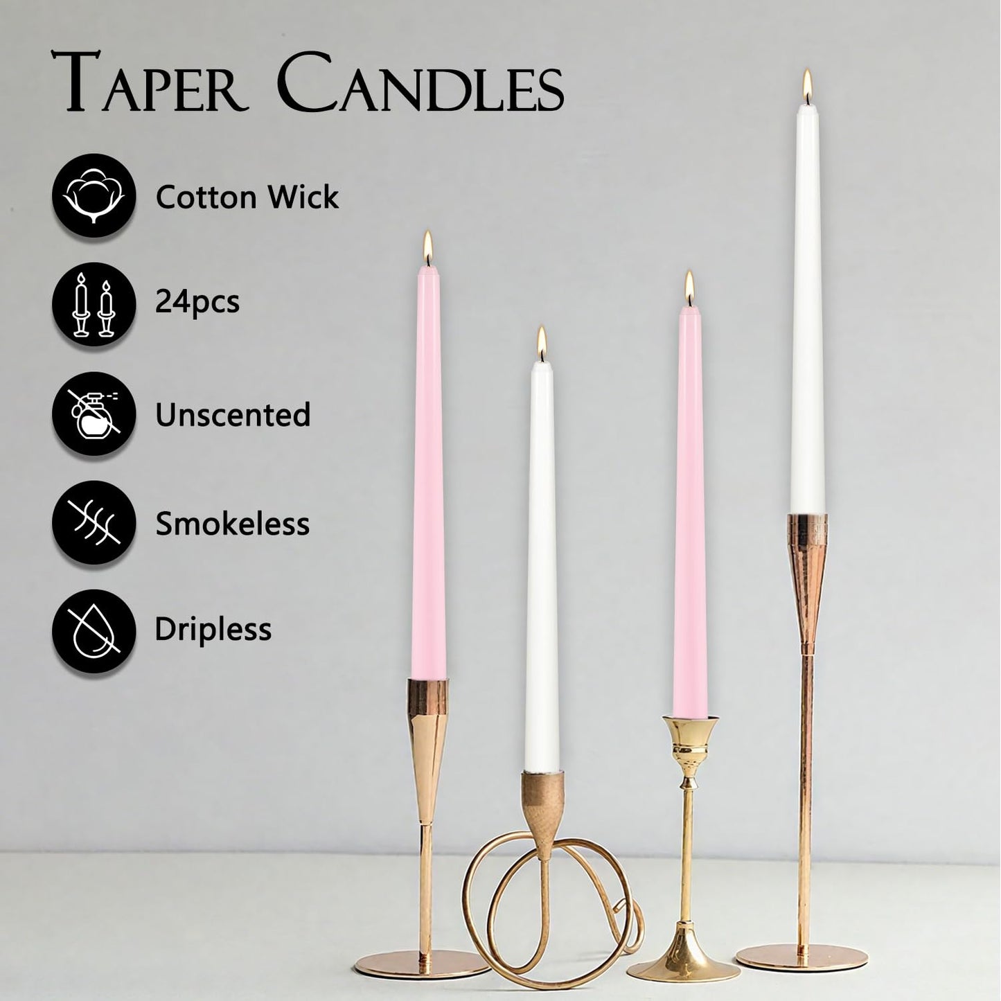 10-Inch Pink and White Taper Candles|24Pack Unscented, Smokeless,Hand-Poured CandleSticks,Perfect for Valentine’s Day, Weddings, Parties, Shabbat, Baby Shower, Birthday,Girls' Night,Home Décor