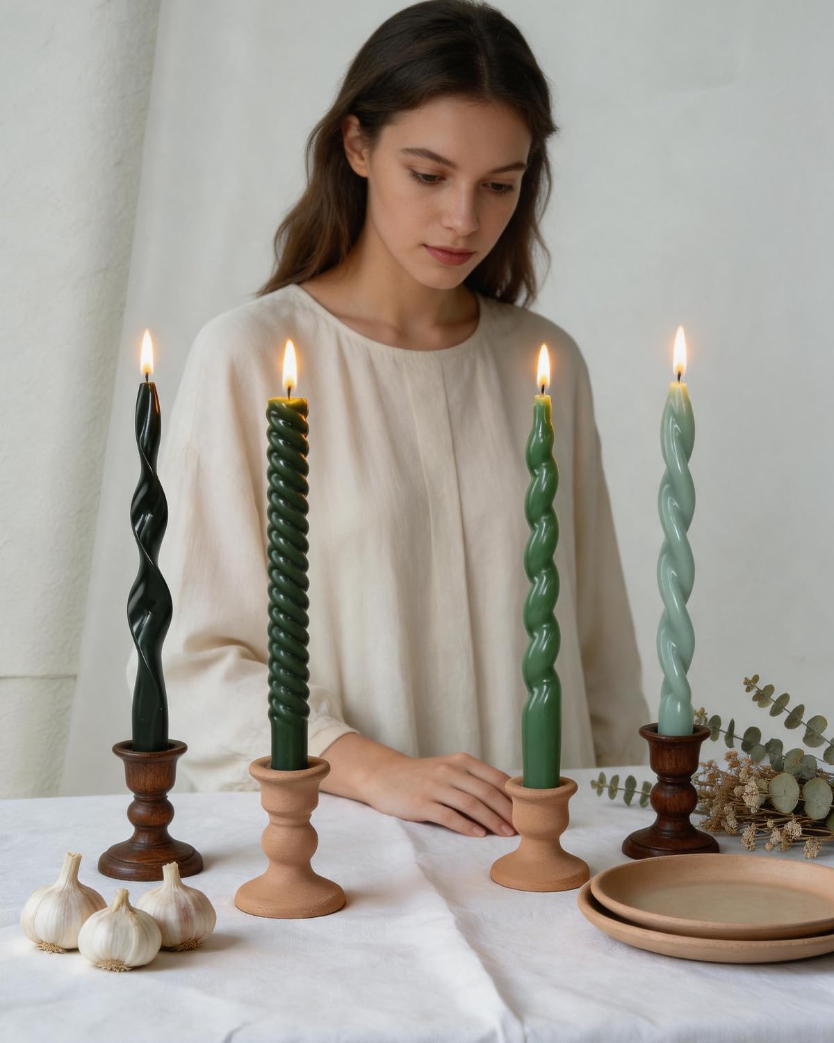 10 Inch Green Taper Candles-Spiral Tapered Candle Smokeless Unscented Candlestick Long Slow Burning 8 Hours Tall Sticks for Christmas Wedding Dinner Parties-4Pack