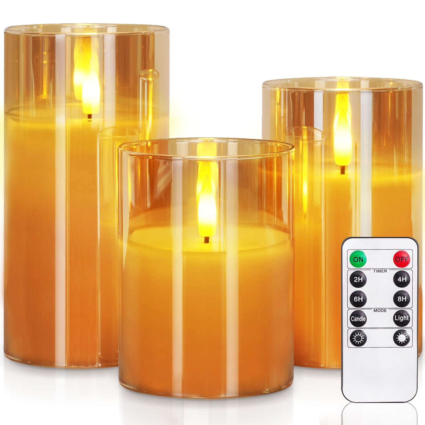 Homemory Amber Glass Flameless Candles, Battery Operated LED Pillar Candles with Remote Control and Timer, Radiance Candles, Real Wax, Set of 3,D3 xH4 5" 6"
