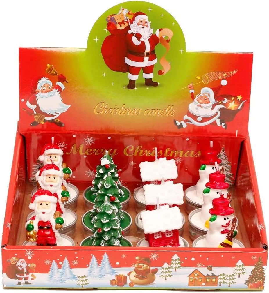 12 Pieces Tealight Candles Handmade Delicate Santa Hat Claus Christmas Tree Candle Wax Snowman Elk Pinecone House Candles for Party Wedding Spa HomeChristmas Decoration