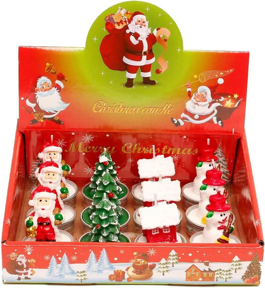 12 Pieces Tealight Candles Handmade Delicate Santa Hat Claus Christmas Tree Candle Wax Snowman Elk Pinecone House Candles for Party Wedding Spa HomeChristmas Decoration