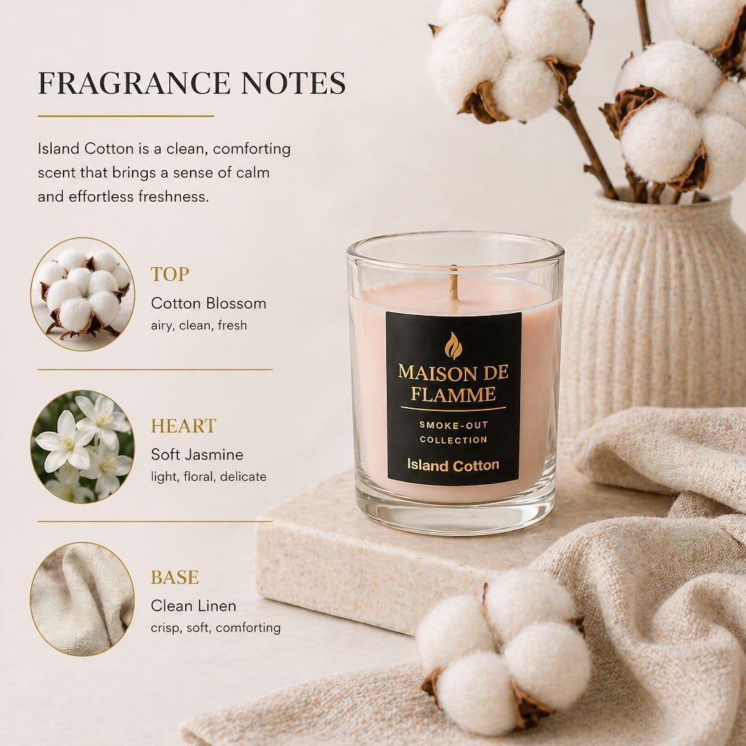 Fresh Linen Scented Candle, Soy Wax Candle for Bathroom, Powder Room & Bedroom, Up to 30 Hour Burn Time, Giftable, Sea Breeze Jasmine and Soft Musk Fragrance, Island Cotton, 5.3 oz – Maison De Flamme