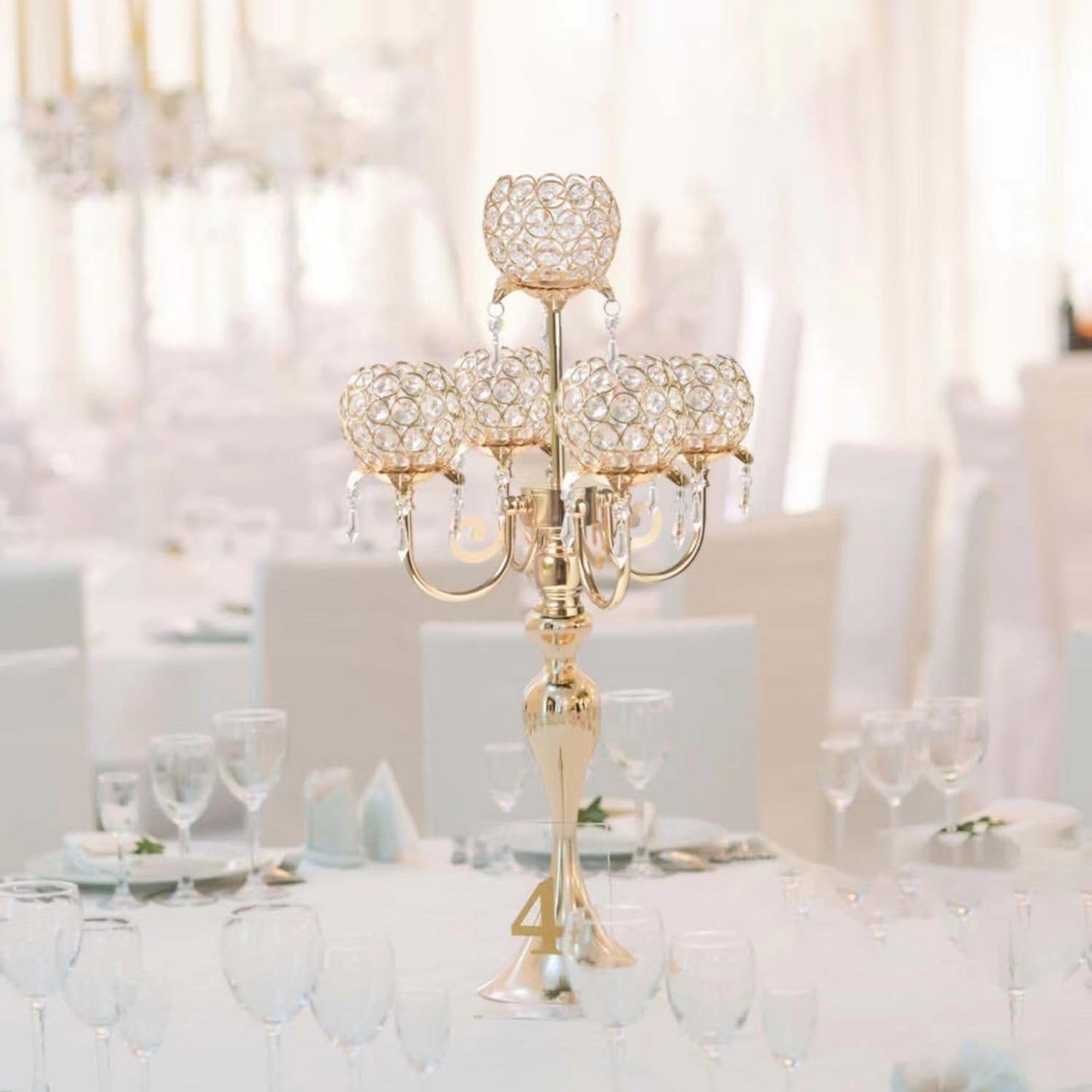 2 PCS Kehail Crystal Table Decoration Gold Candle Holder with Pendant, 5 Arm Candelabra Holder Beautiful Hollow Engraved Table Centerpiece for Christmas, Thanksgiving, Weddings, Holiday Parties
