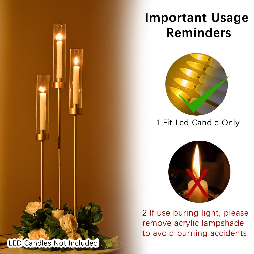 Vincidern 20pcs Gold Candelabra with Acrylic Lampshade, 3 Arm Taper Candle Holder, 33.8 in Tall Metal Candlestick for Table Centerpieces, Halloween, Christmas, Wedding Decor