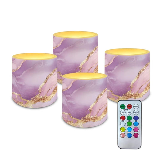 NETILGEN Pink Marble 4 Packs Flameless LED Candles with Remote Timer Control Color Changing Battery Operated Pillar Candles for Home Party Decor