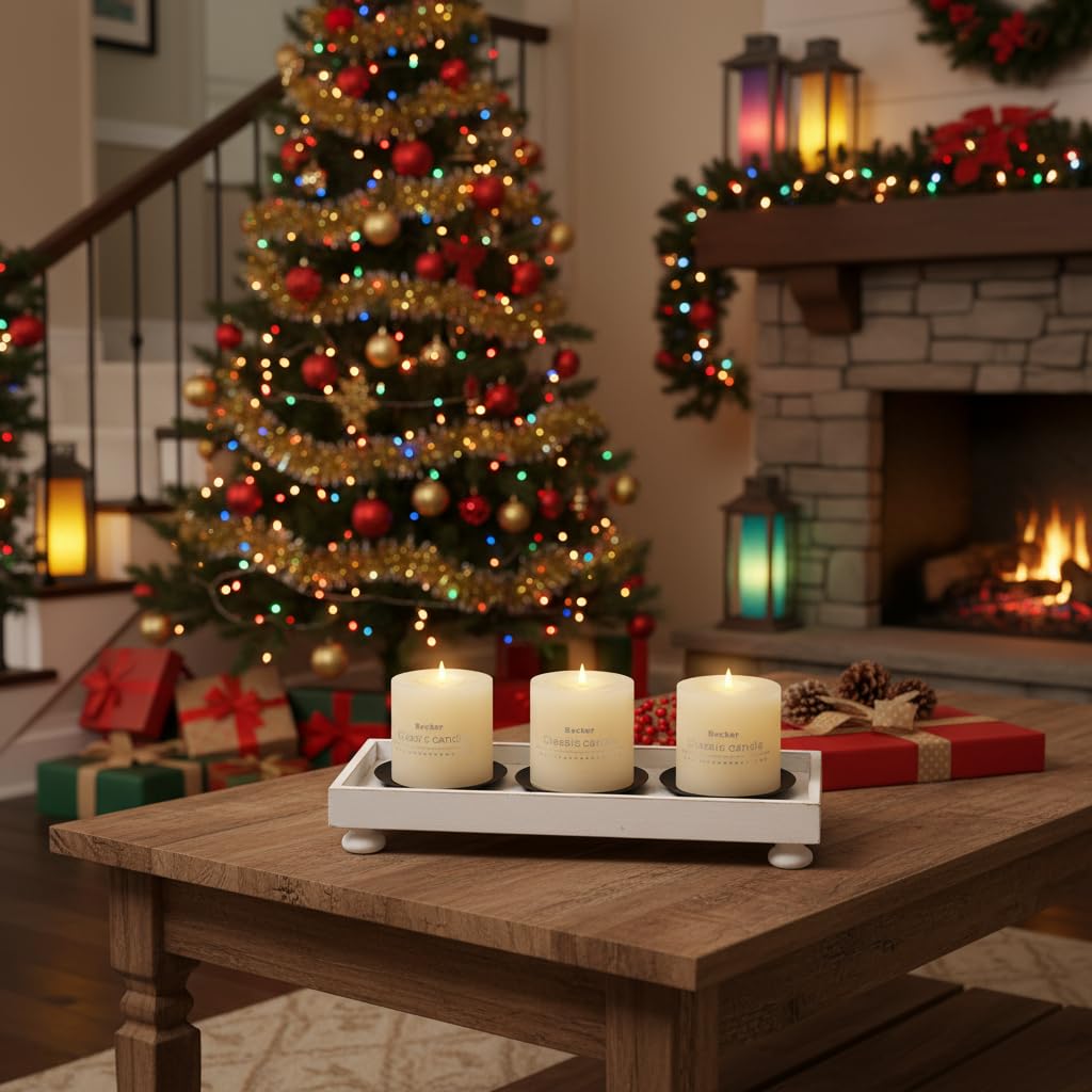 SOFE Rustic White Wooden Candle Holder Tray, 3-Pillar Candle Plate for Tables Mantel Decor, Distressed Finish, Multifunctional Home Decor Accessories