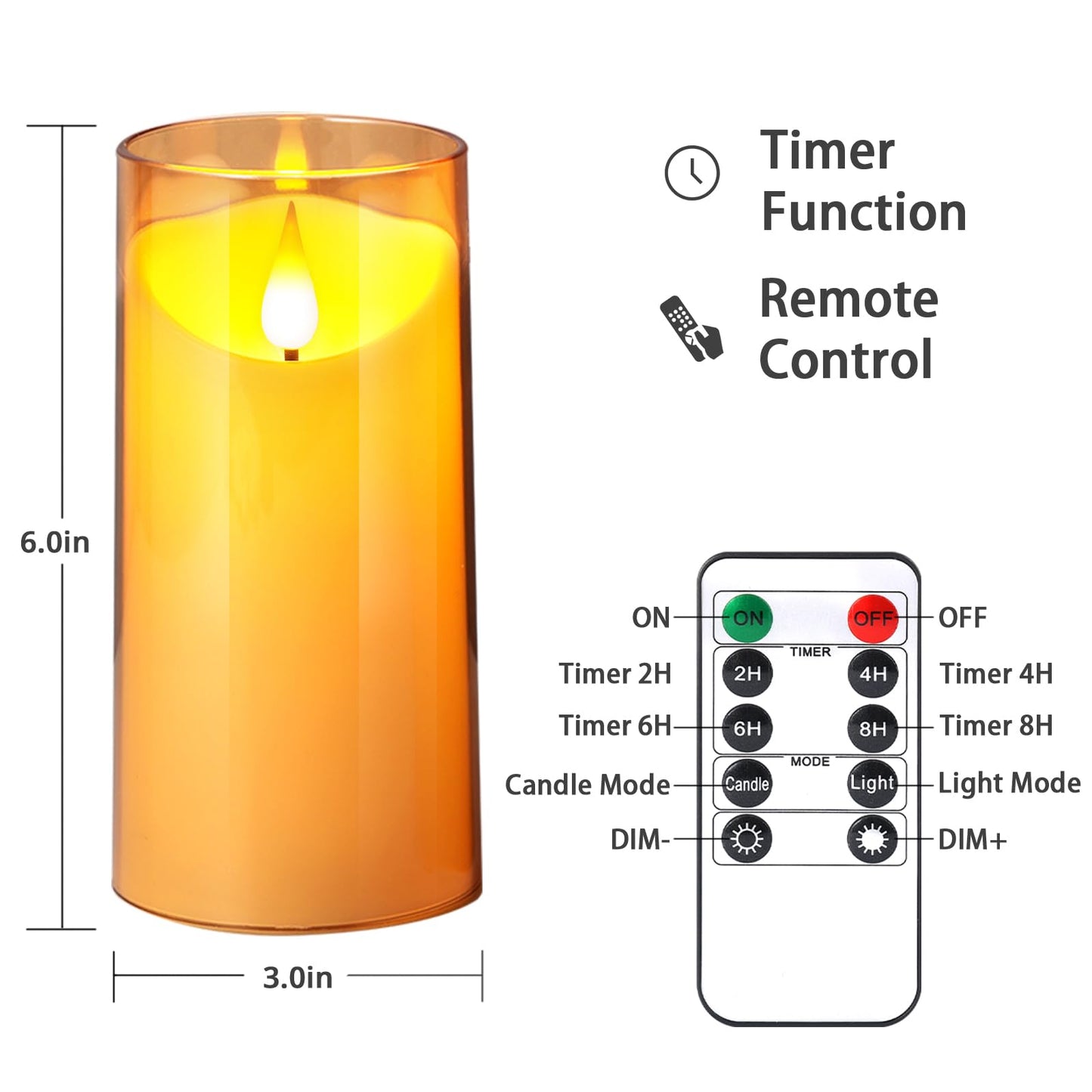 NURADA Flameless Candles with Remote Timer: 3D Wick Battery Operated Led Pillar Acrylic Fake Candle Set for Home Decoration Romantic Ambiance - Gold 2 Pack