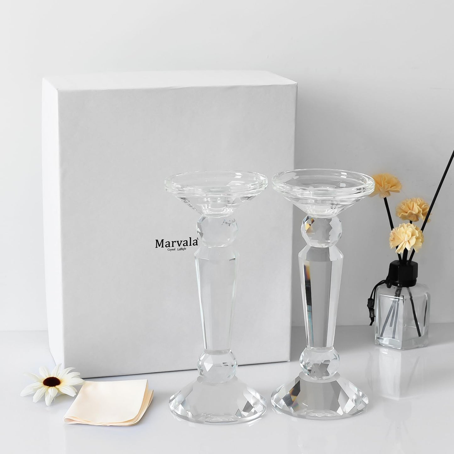 Marvala Crystal Taper Candle Holders Set, Clear Dual-Sided 2-in-1 Candlesticks for Taper and Pillar Candles, Elegant Wedding Table, Wedding, Christmas, Home Holiday Decor (Set of 2-S)