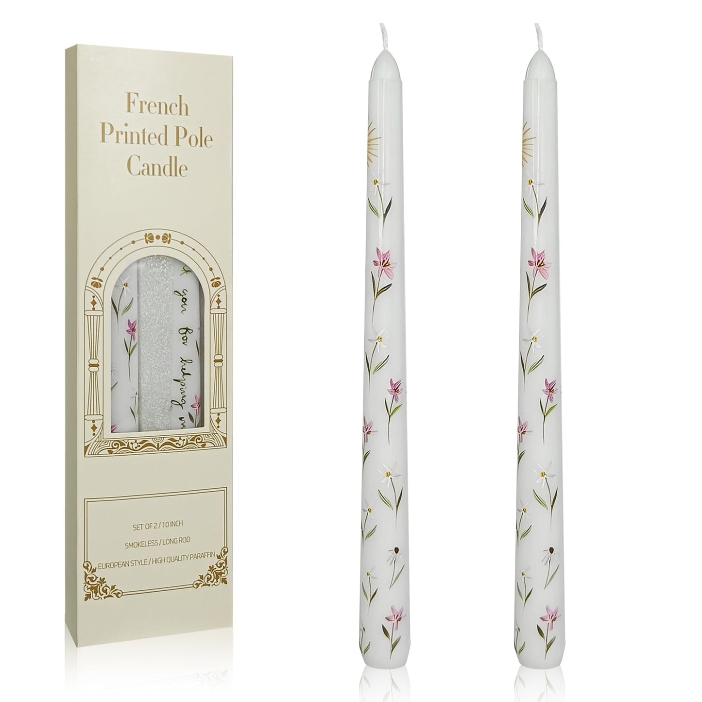 Floral Taper Candles 10 Inch Tall Unscented Handmade White Iris Print Long Burning Elegant Candlesticks for Wedding Dinner Home Decor