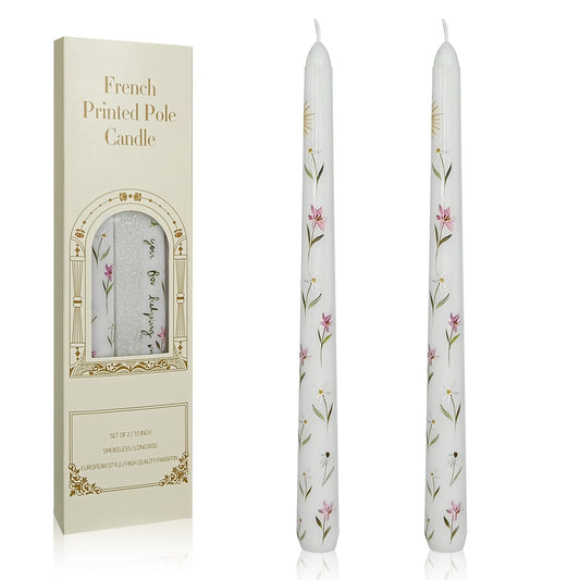 Floral Taper Candles 10 Inch Tall Unscented Handmade White Iris Print Long Burning Elegant Candlesticks for Wedding Dinner Home Decor