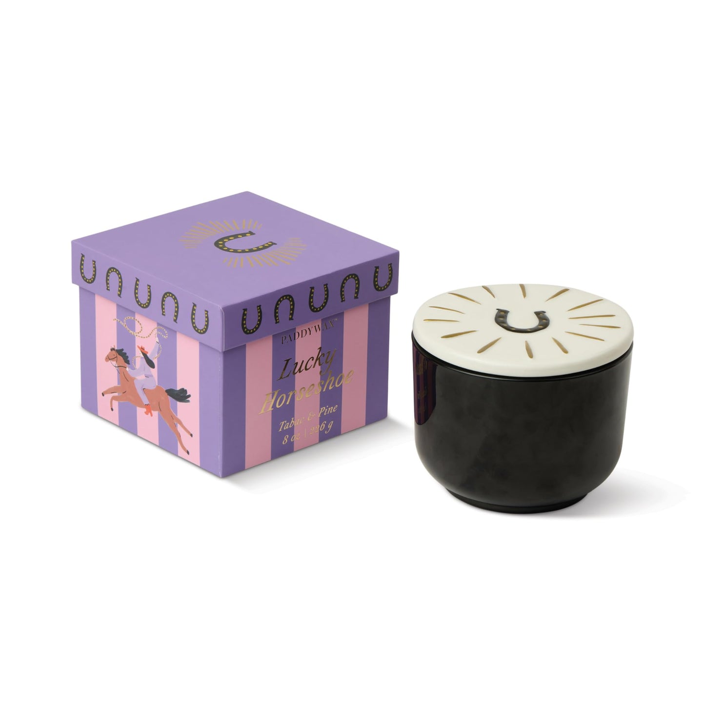Paddywax Charmed Scented Candle in Glass Jar with Hand Painted Ceramic Lid, Soy Candle with Approx. 50 Hour Burn Time, Decorative Gift Candle for Home, 8 oz, Tabac & Pine