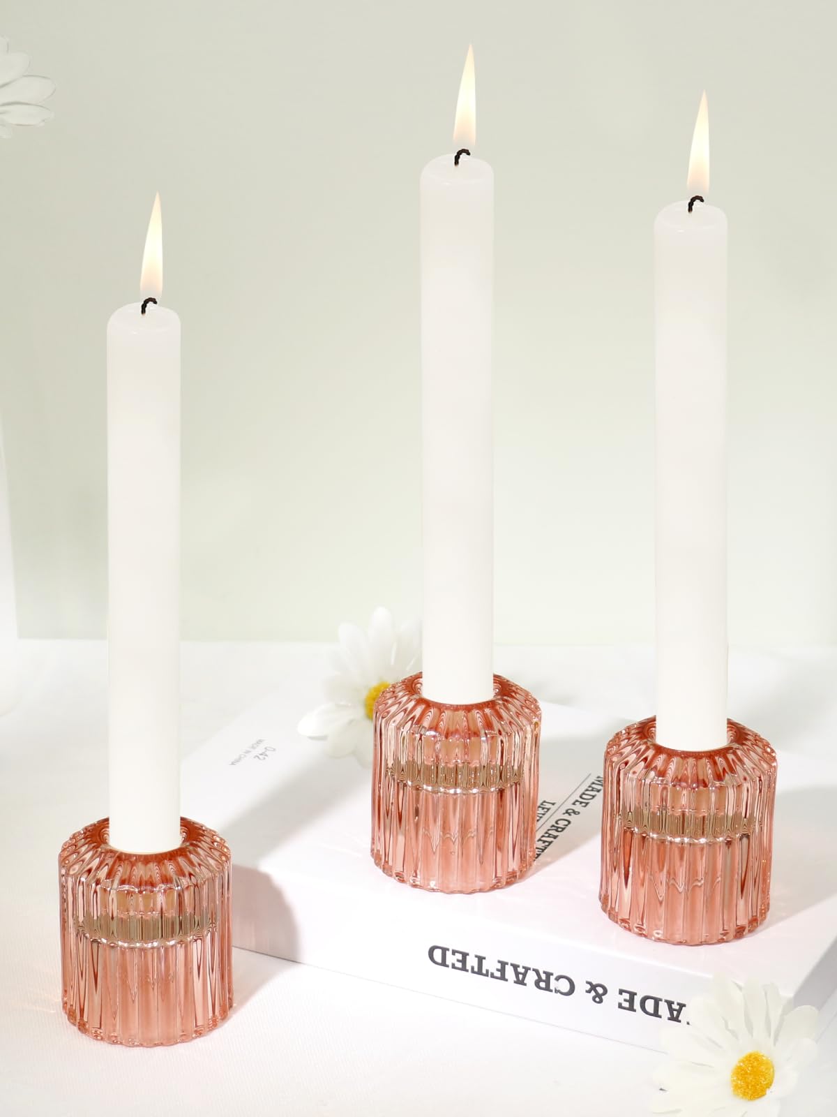CHOCSTAY Reversible Rde Glass Candle Holder Set of 6, Thick Heat-Resistant Glass Candlestick Holders for Taper, Tealight, Votive, LED Candles, Perfect for Wedding, Party, Home Décor