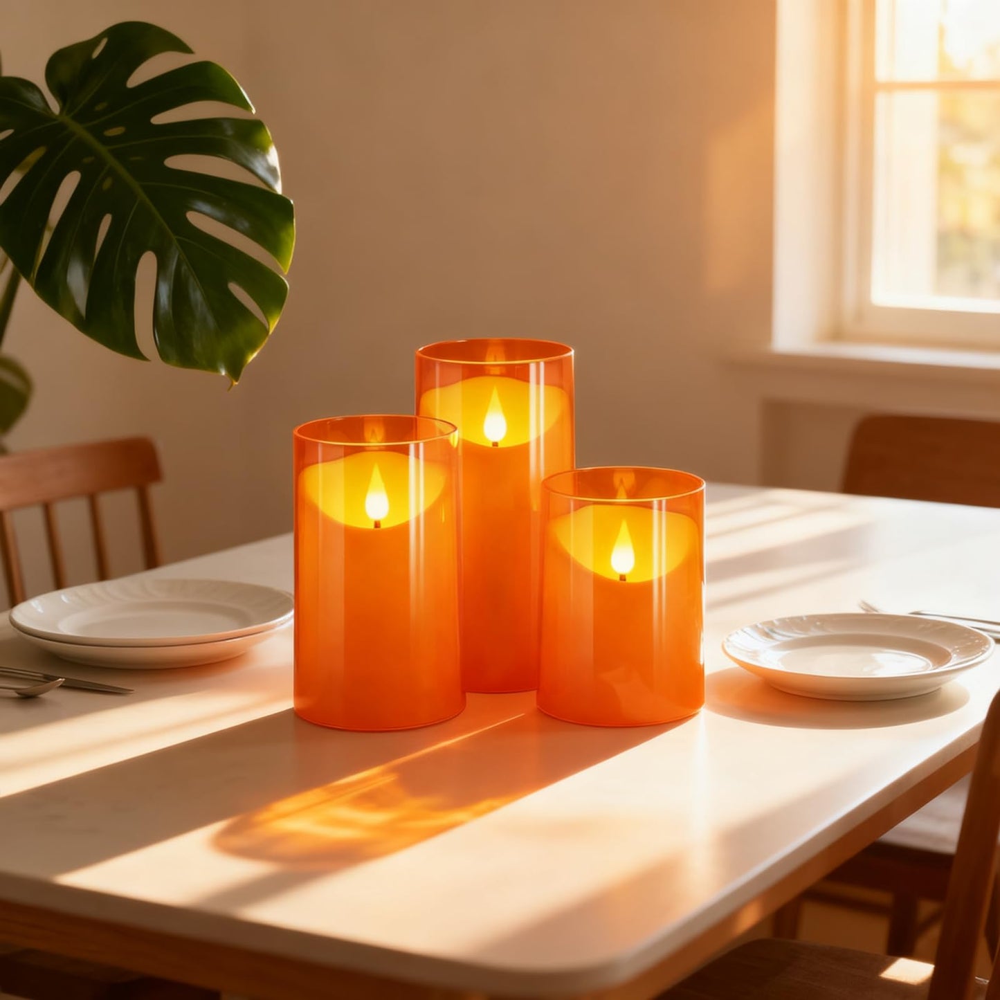 NURADA Flameless Candles with Remote Timers - 3D Wick Battery Operated LED Electric Fake Candles Realistic for for Halloween Thanksgiving Dinner Tables Wedding Party Home Fall Decor - 3 Pack Orange