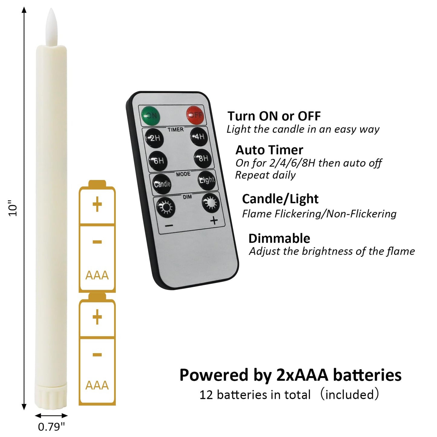 Sunjas 6PCS Flameless Taper Candles with 3D Flickering Flame Battery Operated Candles with 2 Remote with Button Cell Battery 10" Ivory LED Candlesticks Window Candle for Christmas Home Decor