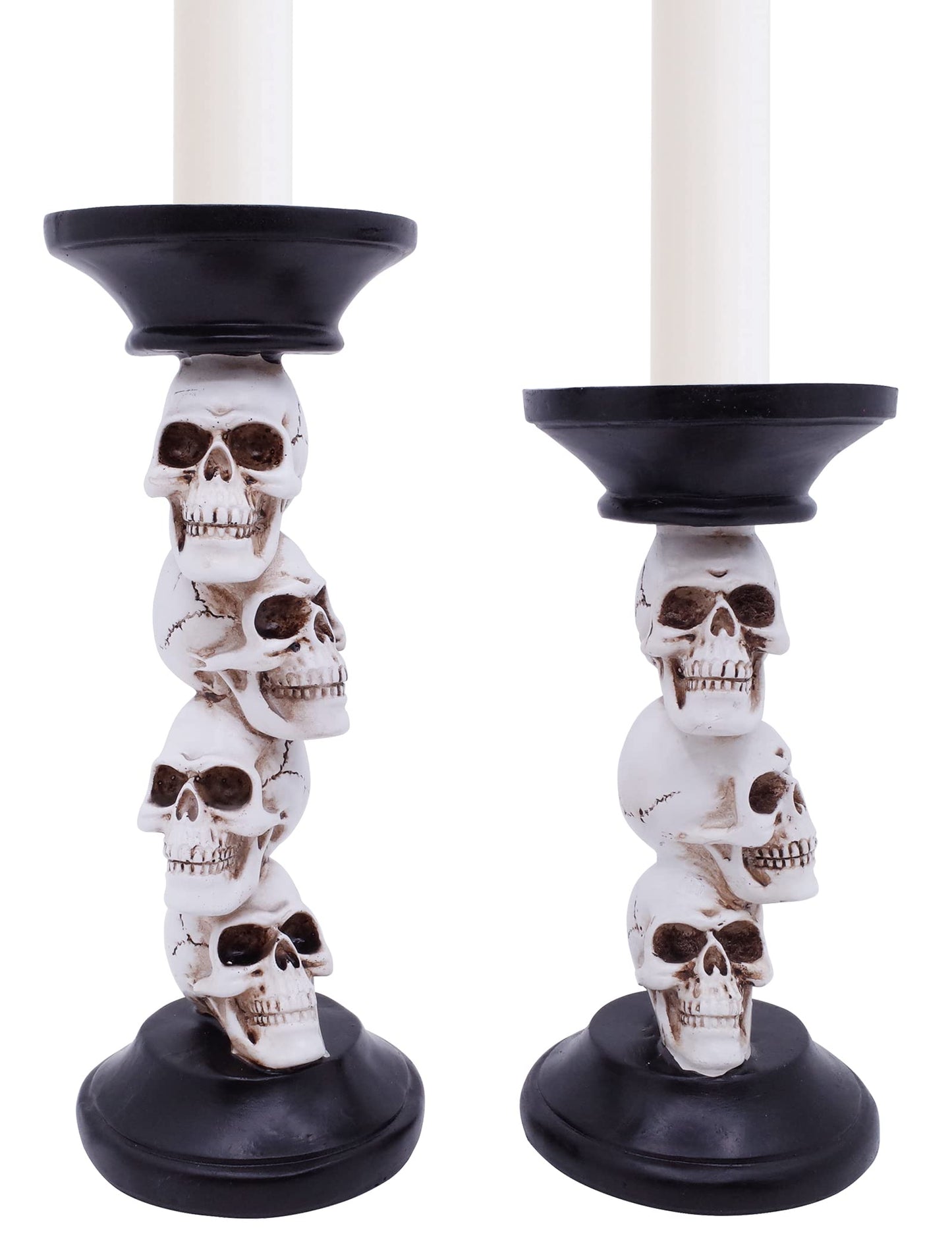 Etistta Halloween Skull Candle Holder for Fireplace Decorations, 9.5 Inch Tall Polyresin Candlestick Holders, White Bones Black Candlesticks for Decor, Set of 2
