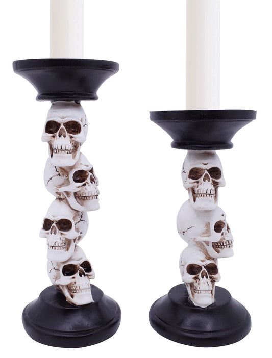Etistta Halloween Skull Candle Holder for Fireplace Decorations, 9.5 Inch Tall Polyresin Candlestick Holders, White Bones Black Candlesticks for Decor, Set of 2