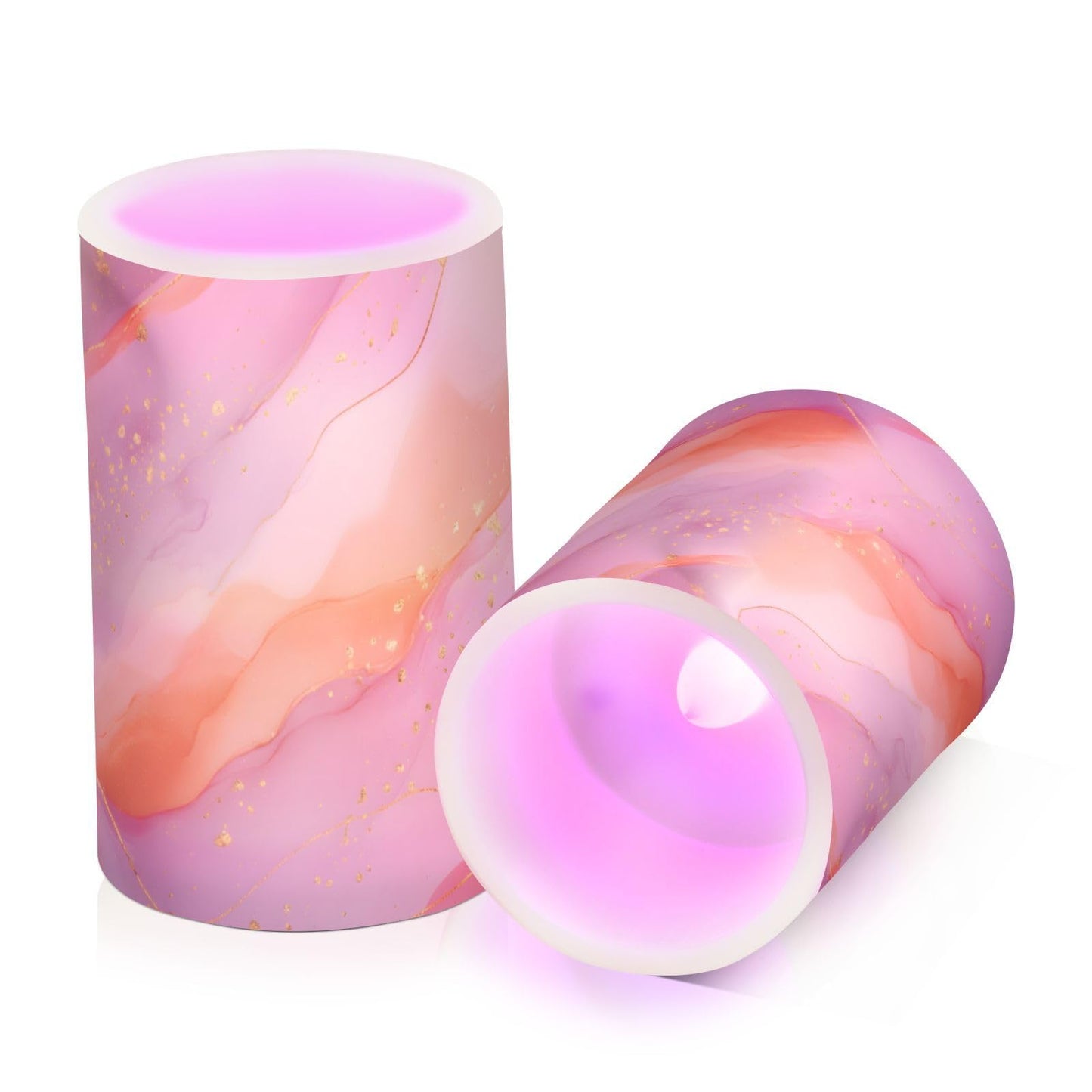 zyrtty 2 Pack Plastic Flameless Candles Light Pink and Orange Abstract Marble Pattern Battery Operated with Remote and Timer Real Wax LED Flickering Pillar Candles Set Window Christmas Holiday Decor