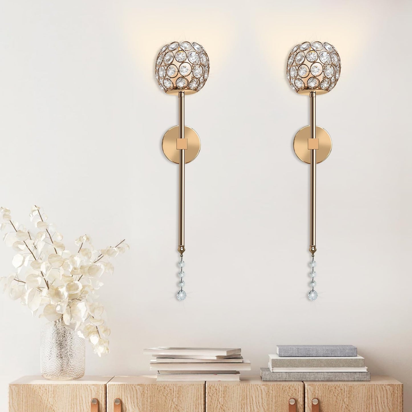 Crystal Candle Sconces for Wall Decorative Long Candle Holder Sconce Wall Art Home Decor for Bedroom Living Dining Room, Set of 2-Gold